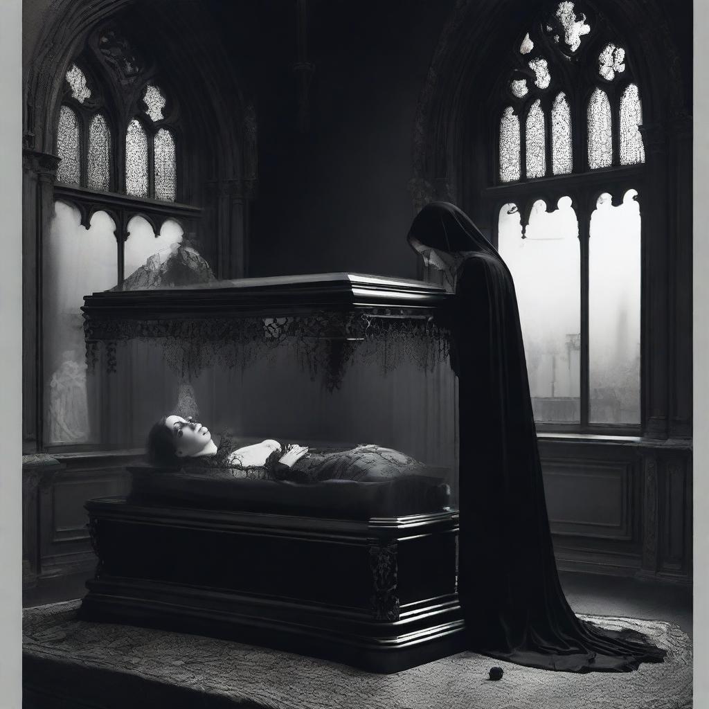 Generate an image of a gothic scene where a woman lies in a clear glass coffin