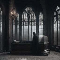 Generate an image of a gothic scene where a woman lies in a clear glass coffin