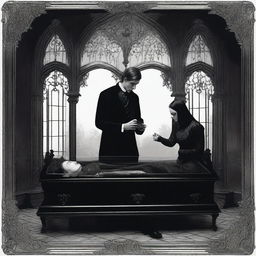 Generate an image of a gothic scene where a woman lies in a clear glass coffin