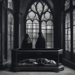 Generate an image of a gothic scene where a woman lies in a clear glass coffin