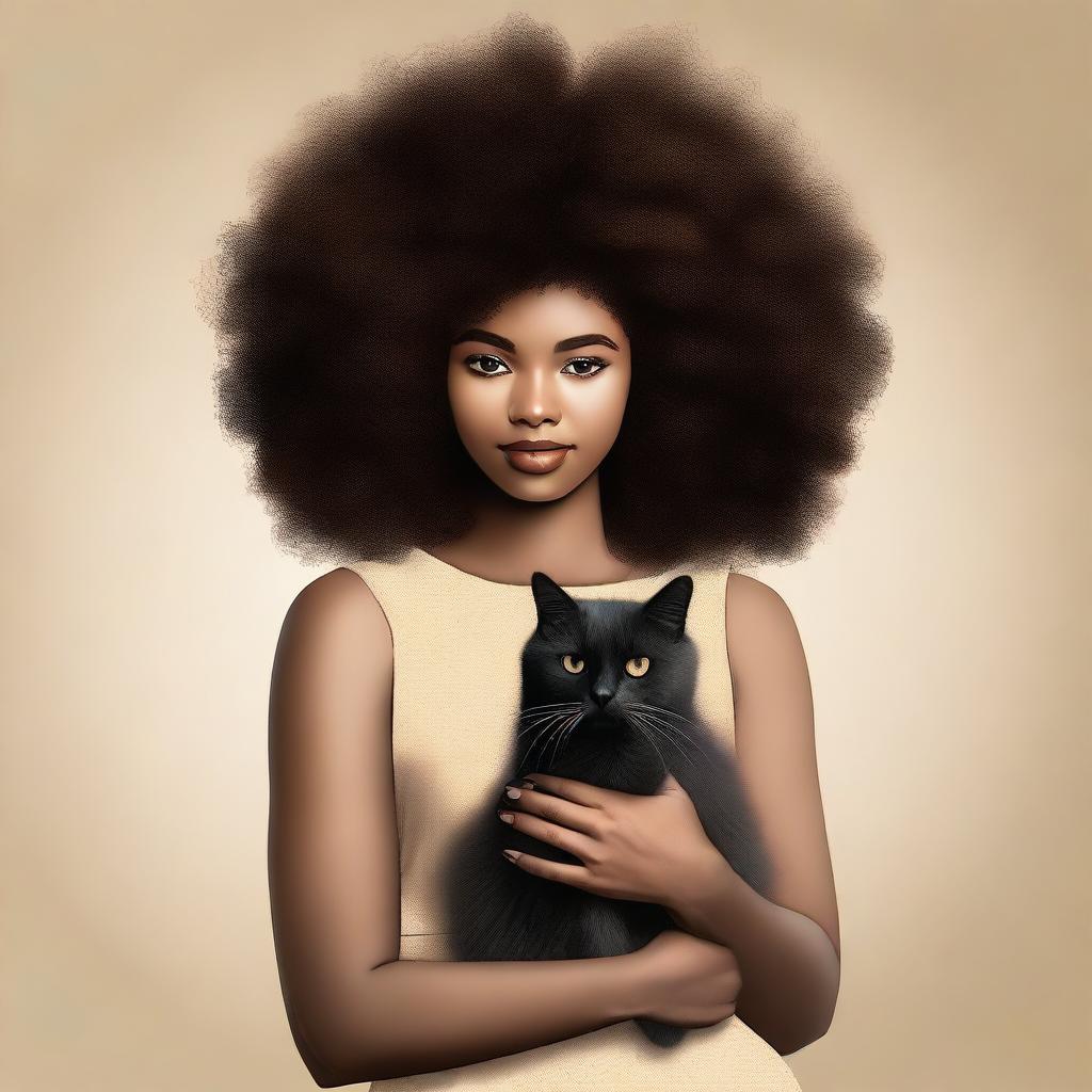 A young black woman with afro hair wearing a beige dress with black accents. She is holding a black cat.