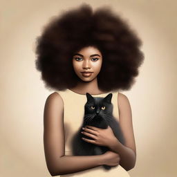 A young black woman with afro hair wearing a beige dress with black accents. She is holding a black cat.