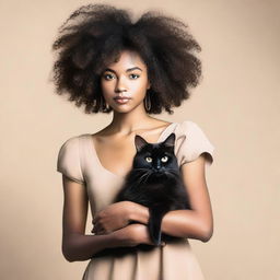 A young black woman with afro hair wearing a beige dress with black accents. She is holding a black cat.