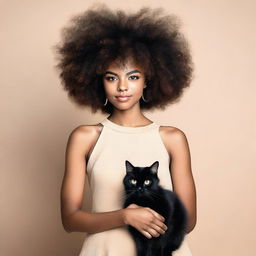 A young black woman with afro hair wearing a beige dress with black accents. She is holding a black cat.