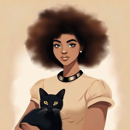 A young black woman with afro hair wearing a beige dress with black accents. She is holding a black cat.