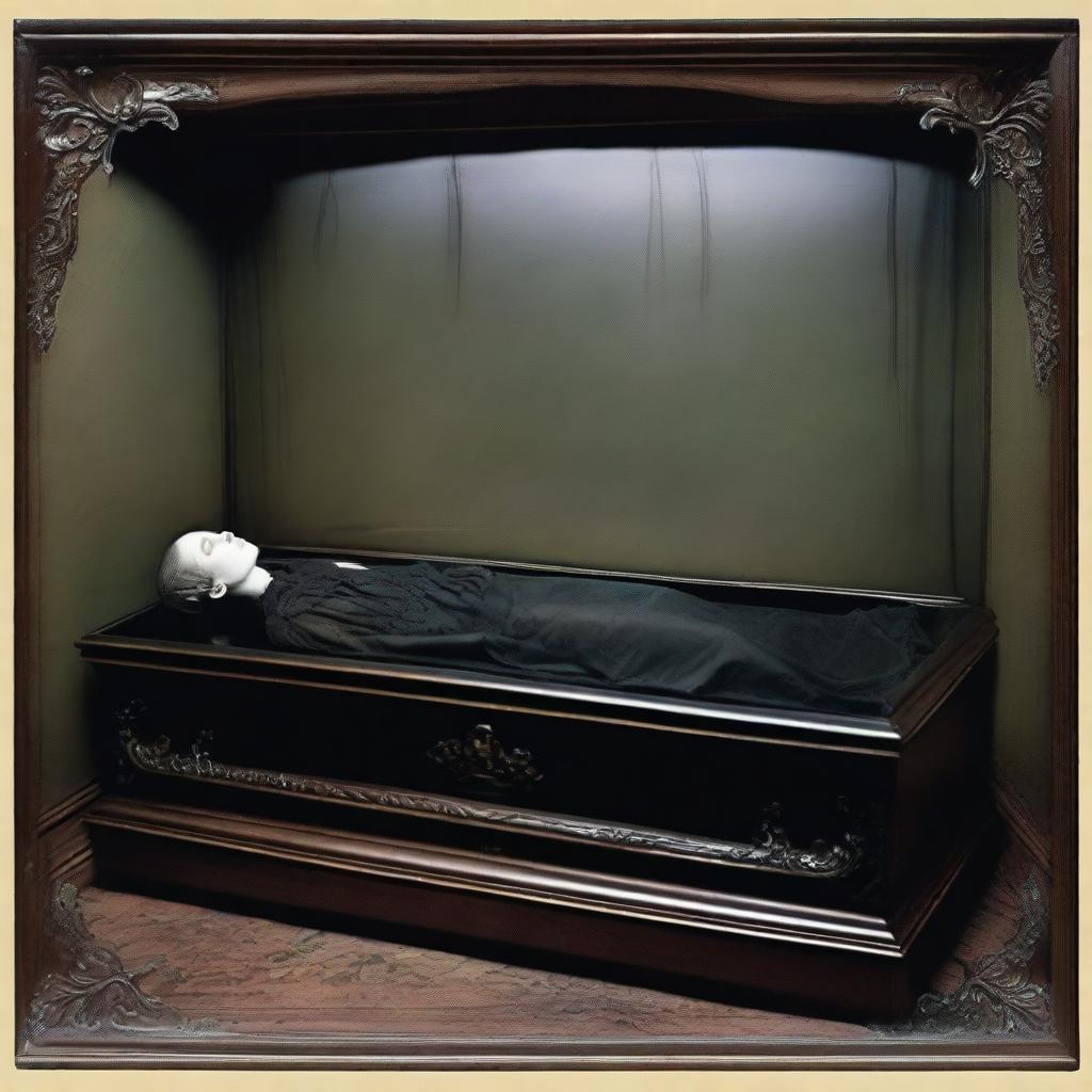 Produce a colored, gothic-themed image of a woman lying in a transparent glass coffin, with a man standing by her side, exhibiting deep reverence and worship