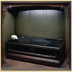 Produce a colored, gothic-themed image of a woman lying in a transparent glass coffin, with a man standing by her side, exhibiting deep reverence and worship