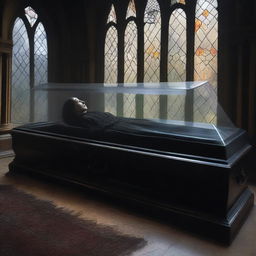 Produce a colored, gothic-themed image of a woman lying in a transparent glass coffin, with a man standing by her side, exhibiting deep reverence and worship