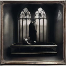 Produce a colored, gothic-themed image of a woman lying in a transparent glass coffin, with a man standing by her side, exhibiting deep reverence and worship