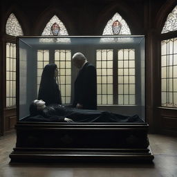 Produce a colored, gothic-themed image of a woman lying in a transparent glass coffin, with a man standing by her side, exhibiting deep reverence and worship