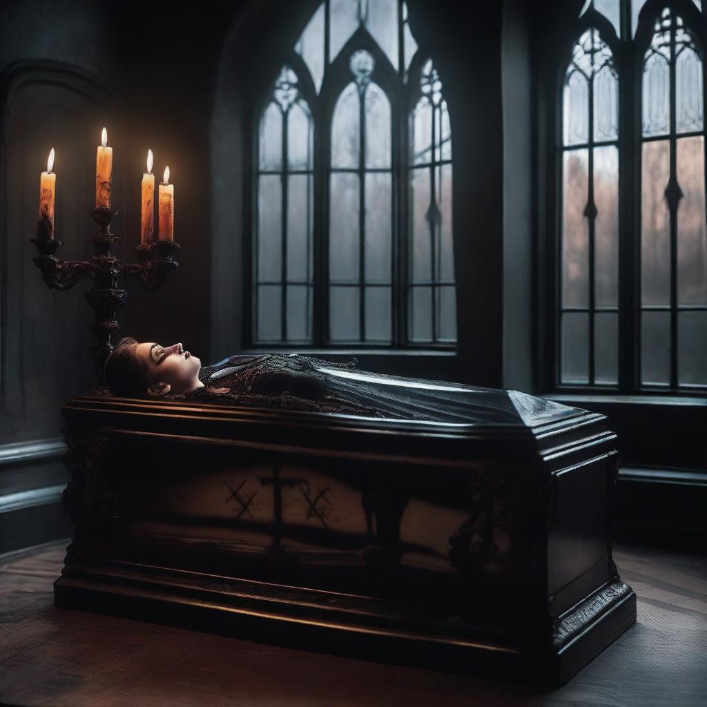 Create a colored image portraying a gothic scene where a man is worshipping a woman lying in a clear glass coffin
