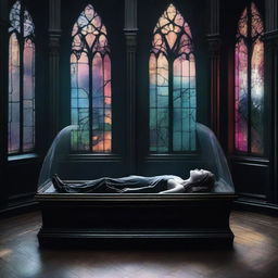 Create a colored image portraying a gothic scene where a man is worshipping a woman lying in a clear glass coffin