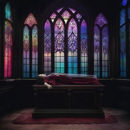 Create a colored image portraying a gothic scene where a man is worshipping a woman lying in a clear glass coffin