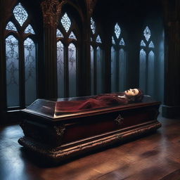 Create a colored image portraying a gothic scene where a man is worshipping a woman lying in a clear glass coffin