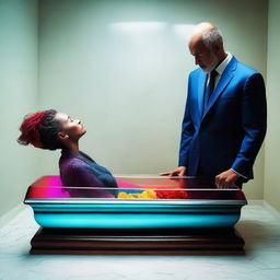 Create a vibrant, colorful image of a woman lying in a clear glass coffin, with a man standing over her, expressing deep reverence and worship