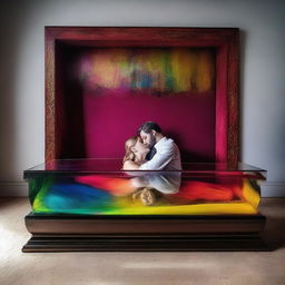 Create a vibrant, colorful image of a woman lying in a clear glass coffin, with a man standing over her, expressing deep reverence and worship