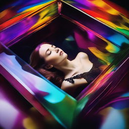 Create a vibrant, colorful image of a woman lying in a clear glass coffin, with a man standing over her, expressing deep reverence and worship