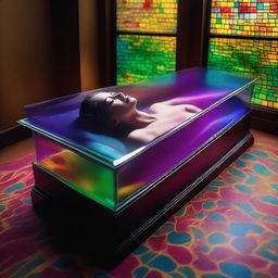 Create a vibrant, colorful image of a woman lying in a clear glass coffin, with a man standing over her, expressing deep reverence and worship
