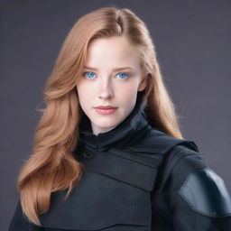 A young woman with light brown hair and clear blue eyes. She is wearing a black combat outfit.