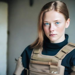 A young woman with light brown hair and clear blue eyes. She is wearing a black combat outfit.