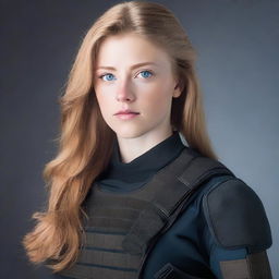 A young woman with light brown hair and clear blue eyes. She is wearing a black combat outfit.