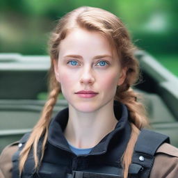 A young woman with light brown hair and clear blue eyes. She is wearing a black combat outfit.