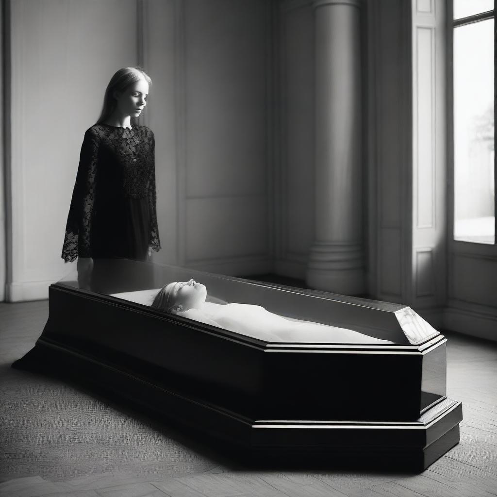 Generate an image of a woman lying in a clear glass coffin, with a man standing over her, expressing deep reverence and worship