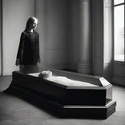 Generate an image of a woman lying in a clear glass coffin, with a man standing over her, expressing deep reverence and worship