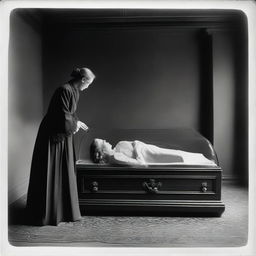 Generate an image of a woman lying in a clear glass coffin, with a man standing over her, expressing deep reverence and worship