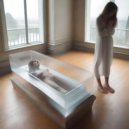 Generate an image of a woman lying in a clear glass coffin, with a man standing over her, expressing deep reverence and worship