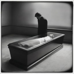 Generate an image of a woman lying in a clear glass coffin, with a man standing over her, expressing deep reverence and worship