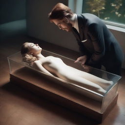 Generate an image of a woman lying peacefully in a clear glass coffin