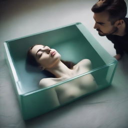 Generate an image of a woman lying peacefully in a clear glass coffin