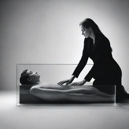 Generate an image of a woman lying peacefully in a clear glass coffin