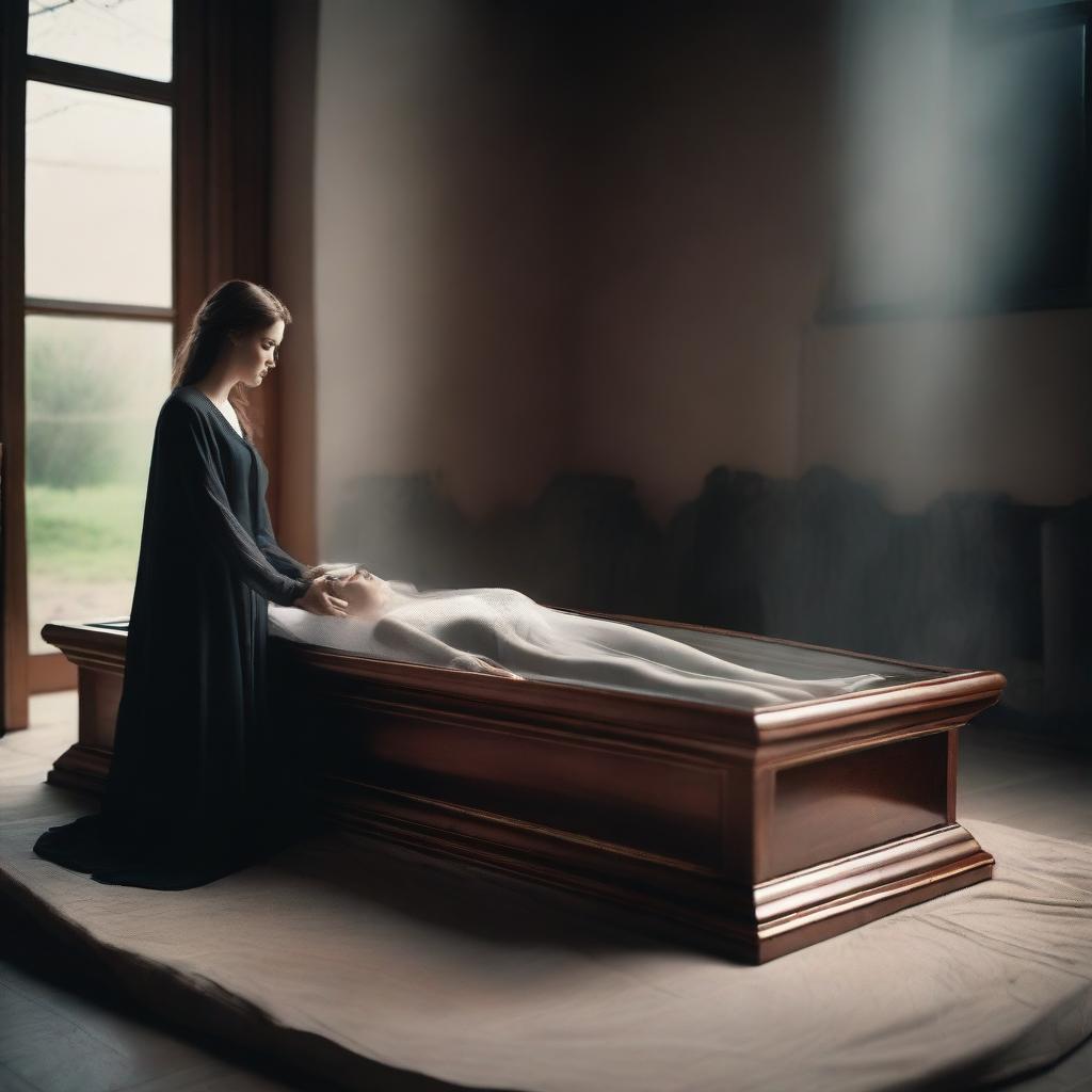 Create an image of a serene woman lying in a clear glass coffin