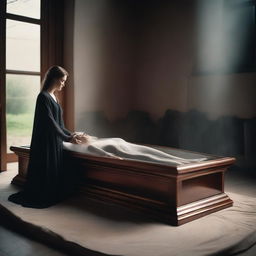 Create an image of a serene woman lying in a clear glass coffin