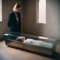 Create an image of a serene woman lying in a clear glass coffin