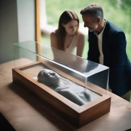 Create an image of a serene woman lying in a clear glass coffin