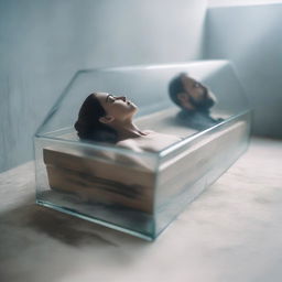 Create an image of a serene woman lying in a clear glass coffin