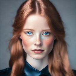 A young woman with light reddish-brown hair and blue eyes. She is wearing clothes made of black leather.
