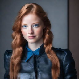 A young woman with light reddish-brown hair and blue eyes. She is wearing clothes made of black leather.