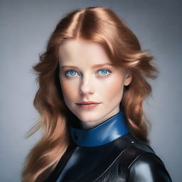 A young woman with light reddish-brown hair and blue eyes. She is wearing clothes made of black leather.