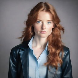 A young woman with light reddish-brown hair and blue eyes. She is wearing clothes made of black leather.