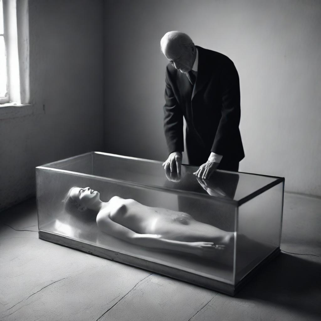 Generate an image of a deceased woman lying in a clear glass coffin