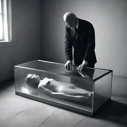 Generate an image of a deceased woman lying in a clear glass coffin