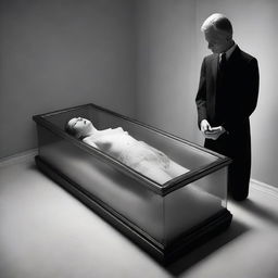 Generate an image of a deceased woman lying in a clear glass coffin