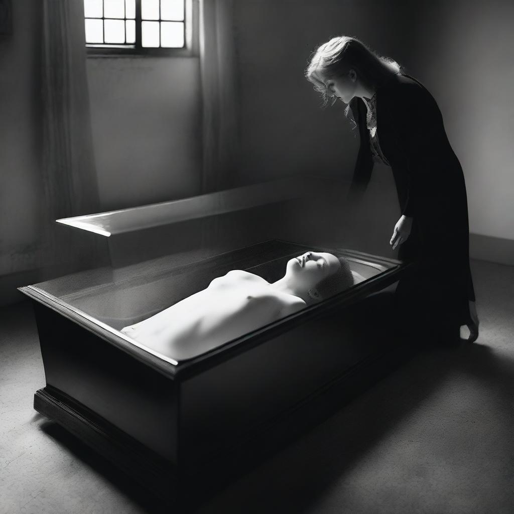 Generate an image of a deceased woman lying in a clear glass coffin