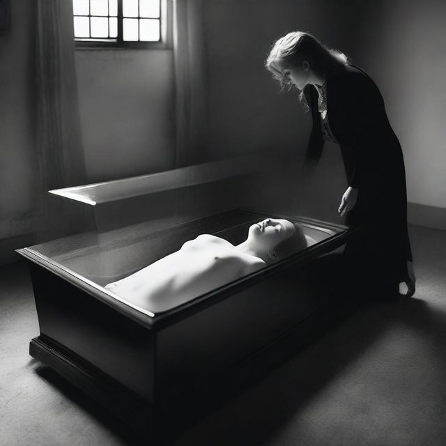 Generate an image of a deceased woman lying in a clear glass coffin