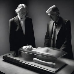 Generate an image of a deceased woman lying in a clear glass coffin