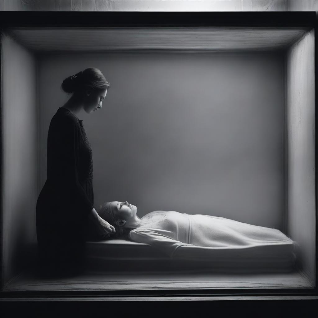 Create a somber image of a deceased woman, lying in repose within a clear glass coffin
